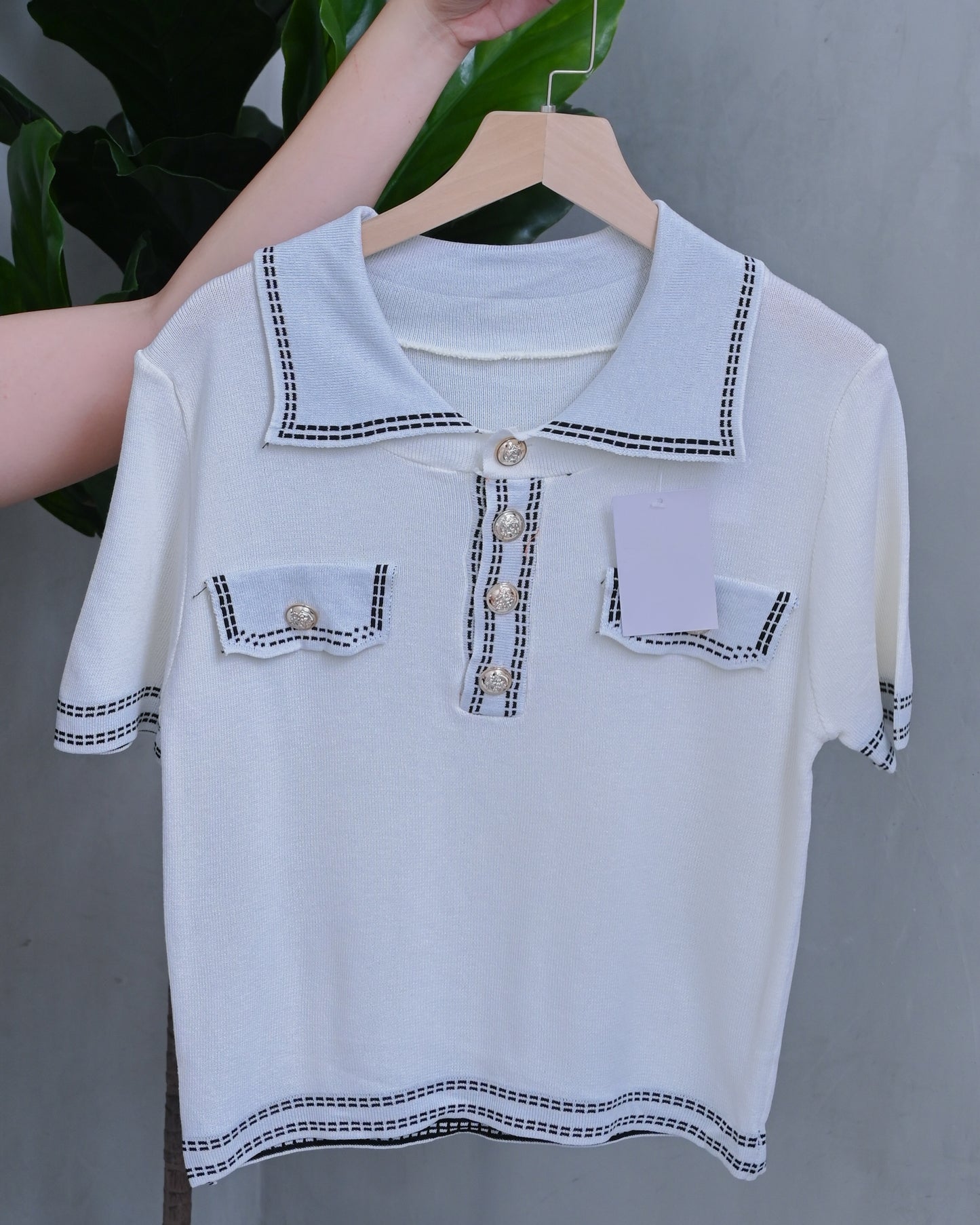 Regine Knit Polo Top with Front Pocket Detail
