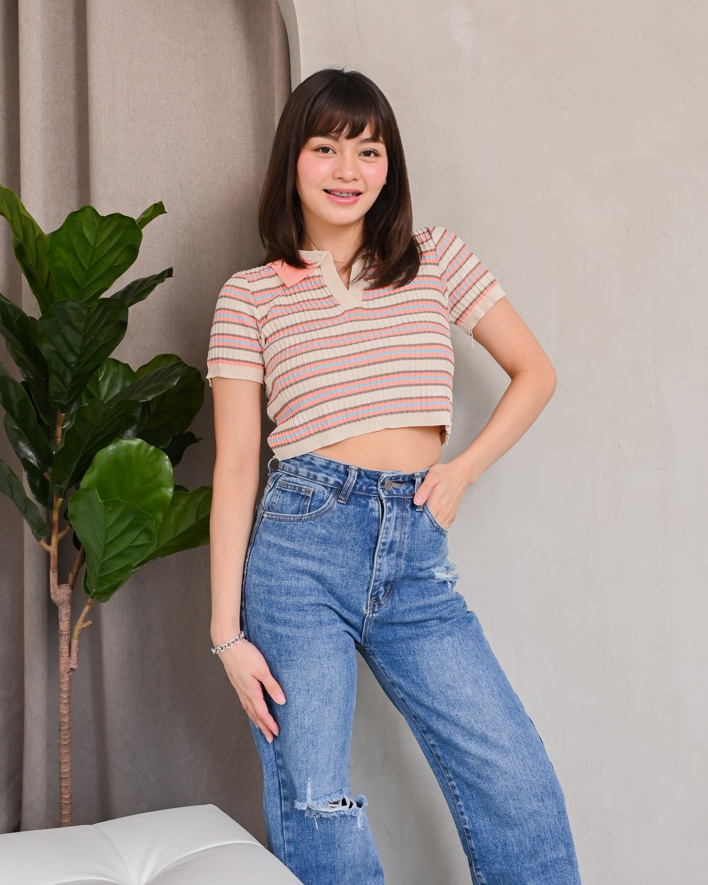 Natalie Knit Striped Collared Crop Top