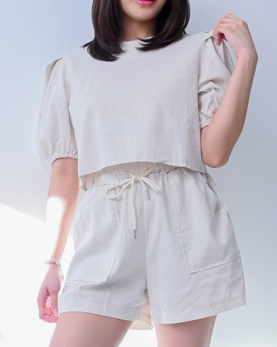 Caryl Linen Style Puff Sleeve Coord Set