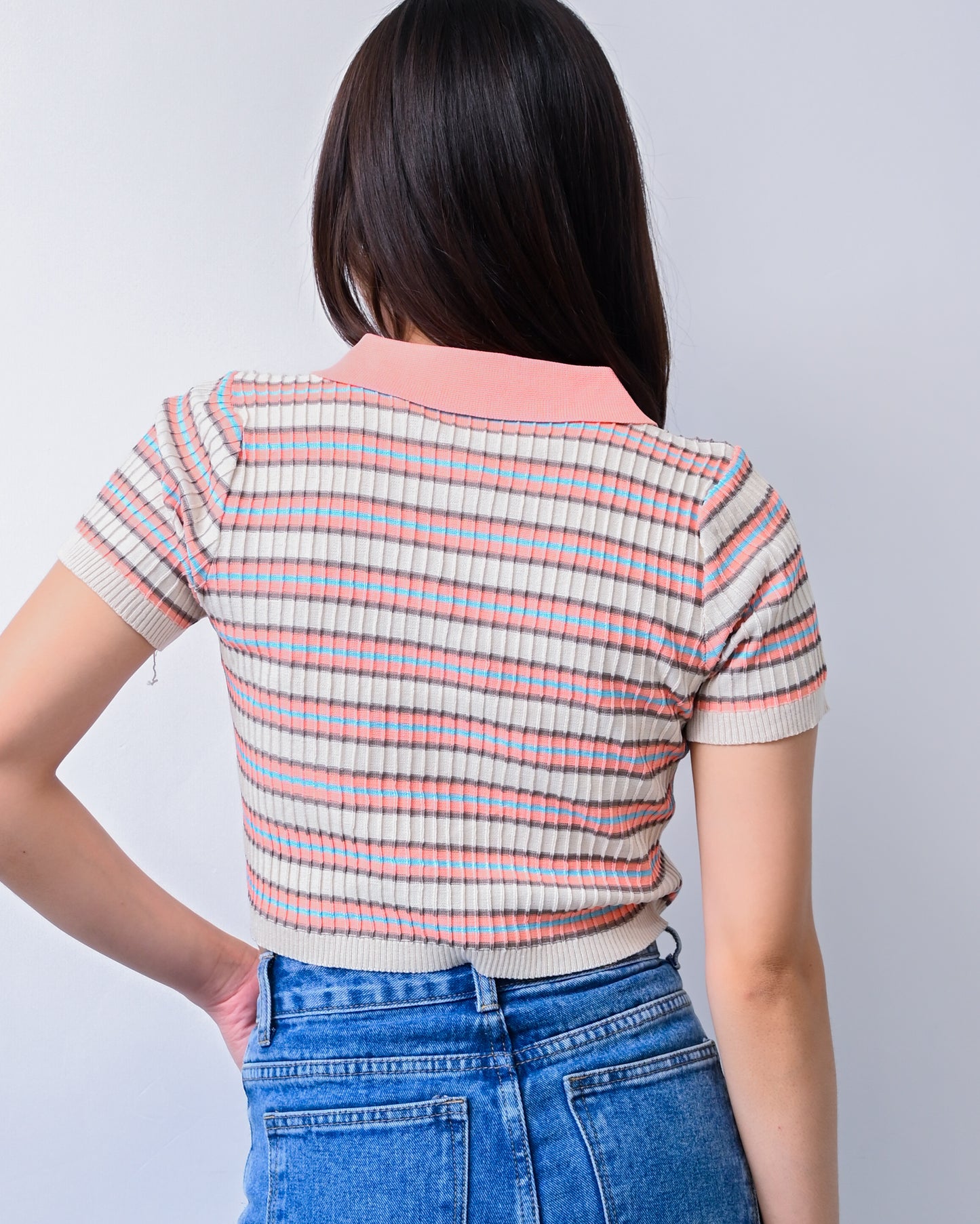 Natalie Knit Striped Collared Crop Top