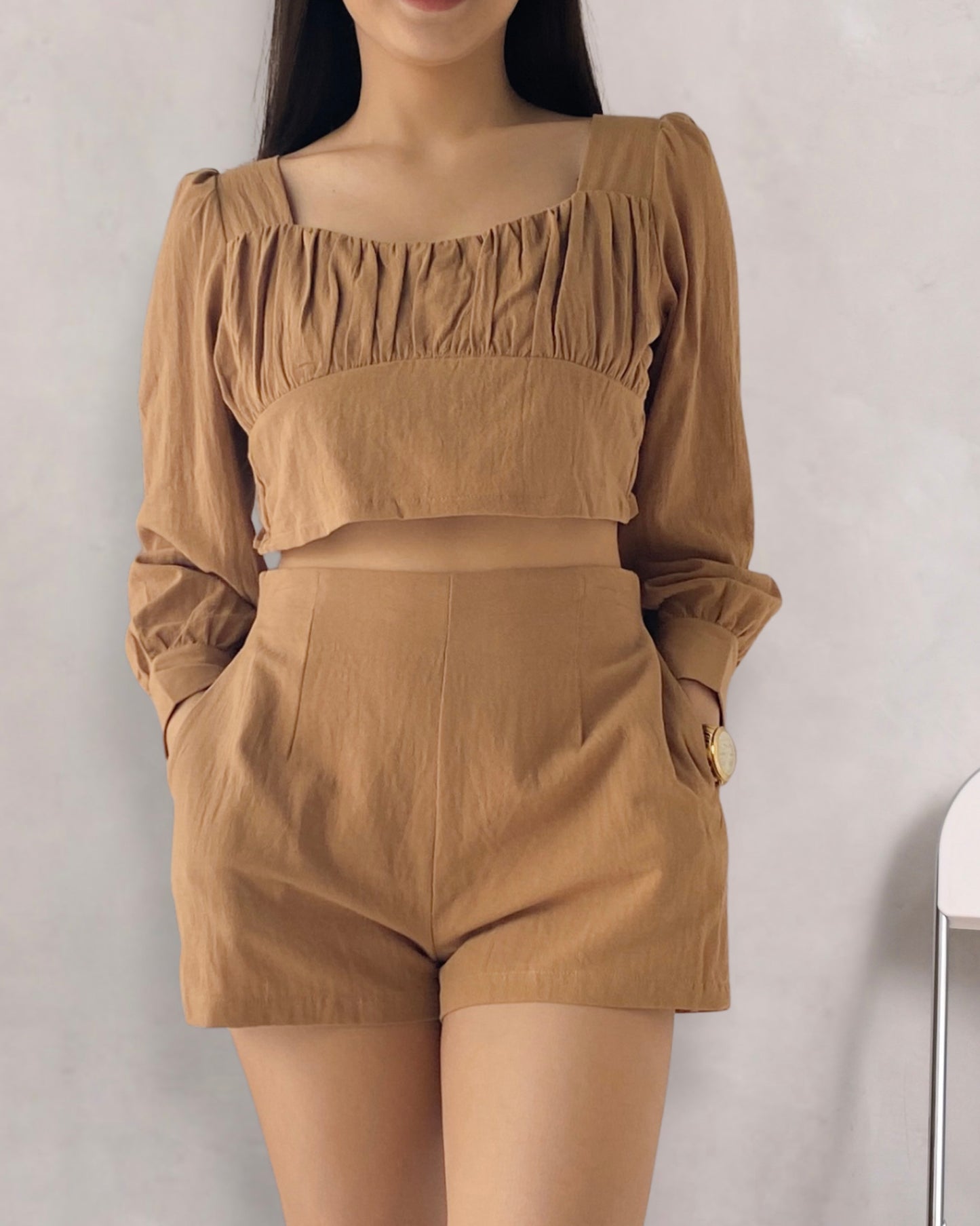 Cleo Set - Long Sleeve Crop Top & High Waist Shorts