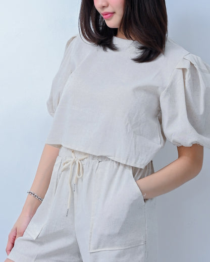 Caryl Linen Style Puff Sleeve Coord Set