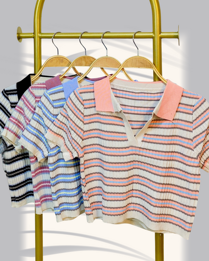 Natalie Knit Striped Collared Crop Top