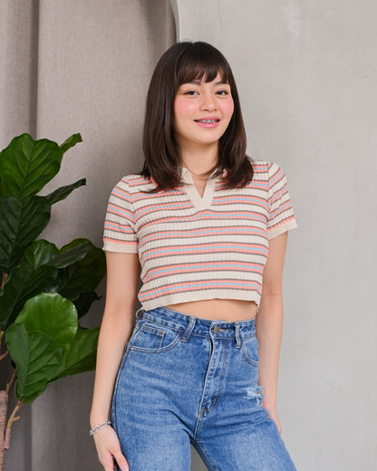 Natalie Knit Striped Collared Crop Top