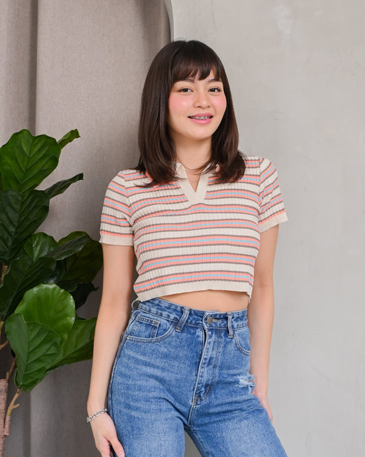 Natalie Knit Striped Collared Crop Top