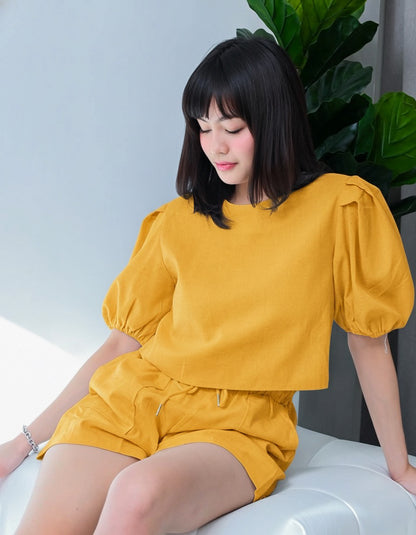 Caryl Linen Style Puff Sleeve Coord Set