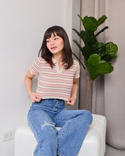 Natalie Knit Striped Collared Crop Top