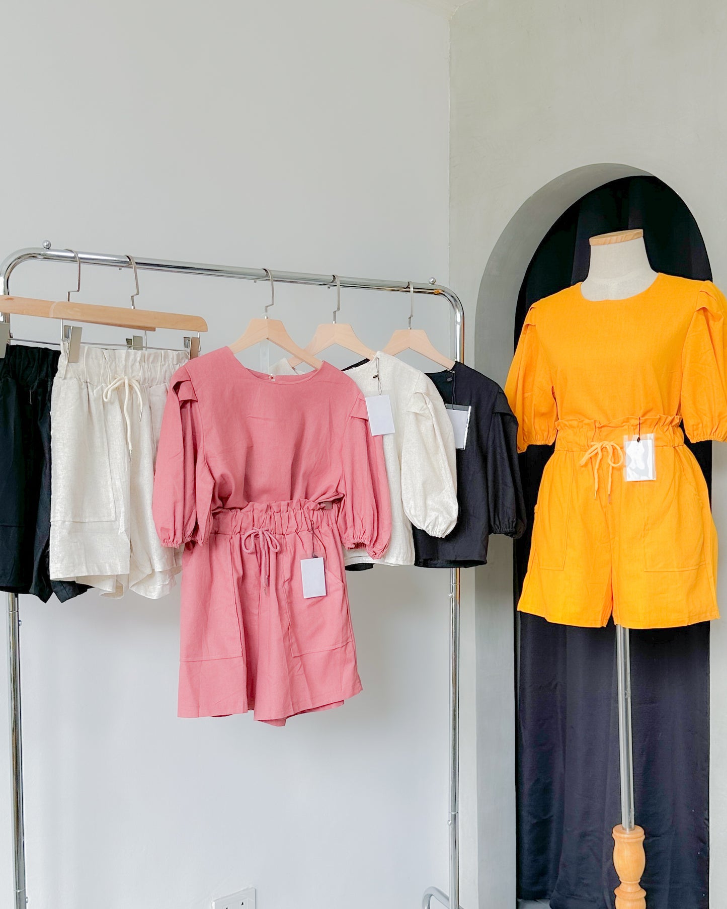 Caryl Linen Style Puff Sleeve Coord Set