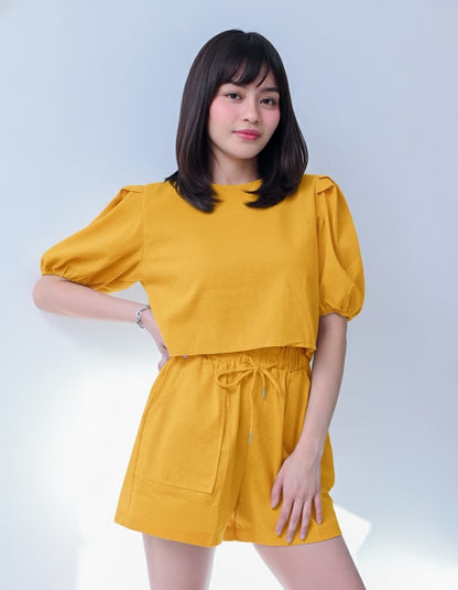 Caryl Linen Style Puff Sleeve Coord Set