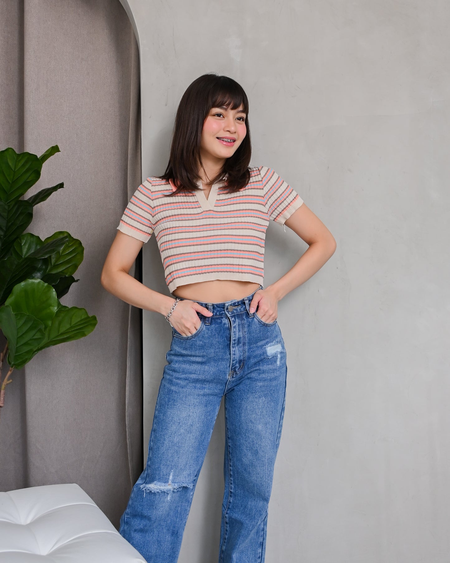 Natalie Knit Striped Collared Crop Top