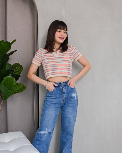 Natalie Knit Striped Collared Crop Top