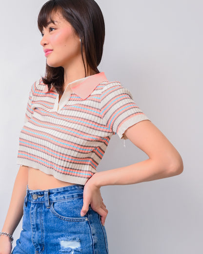 Natalie Knit Striped Collared Crop Top