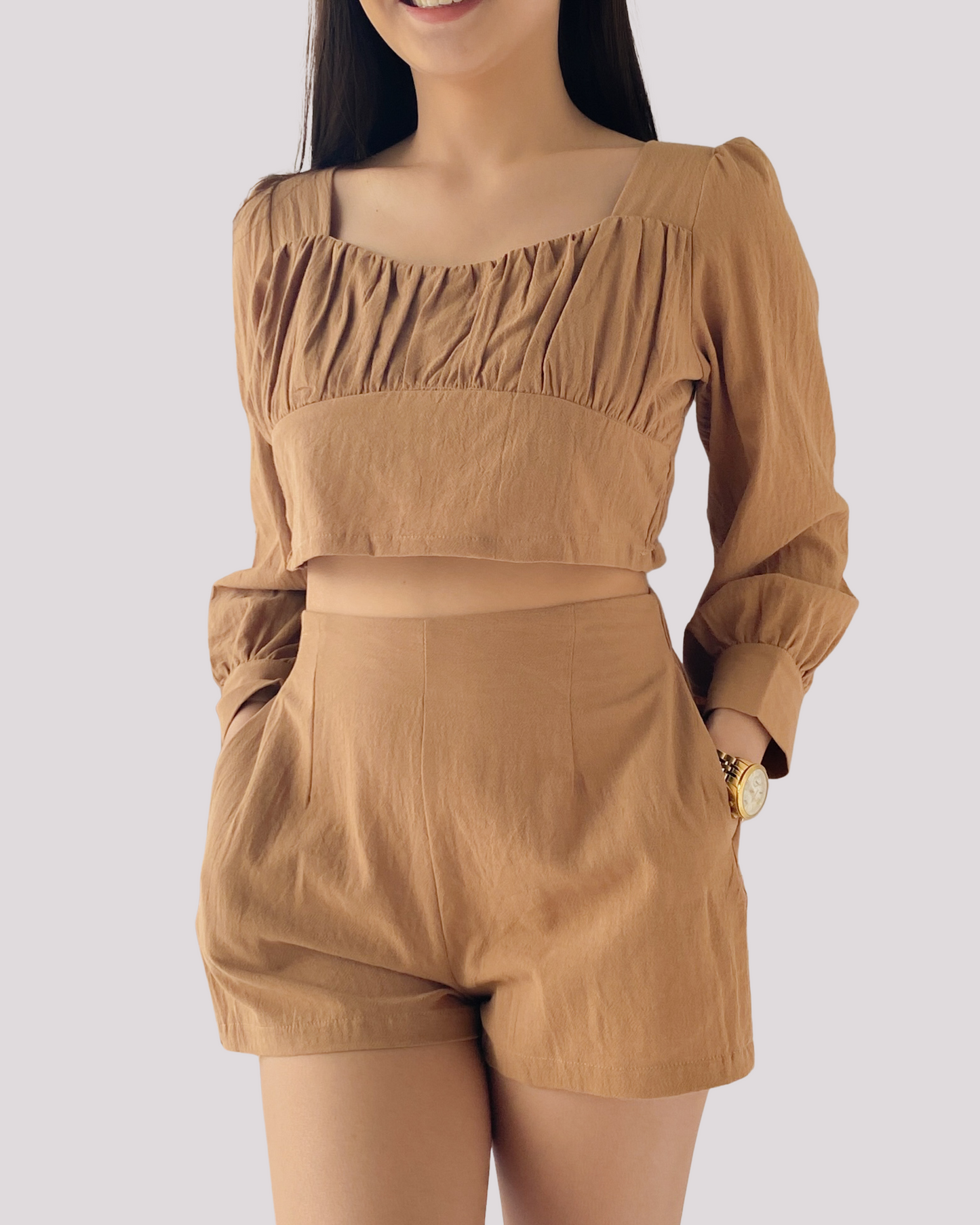 Cleo Set - Long Sleeve Crop Top & High Waist Shorts