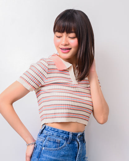 Natalie Knit Striped Collared Crop Top
