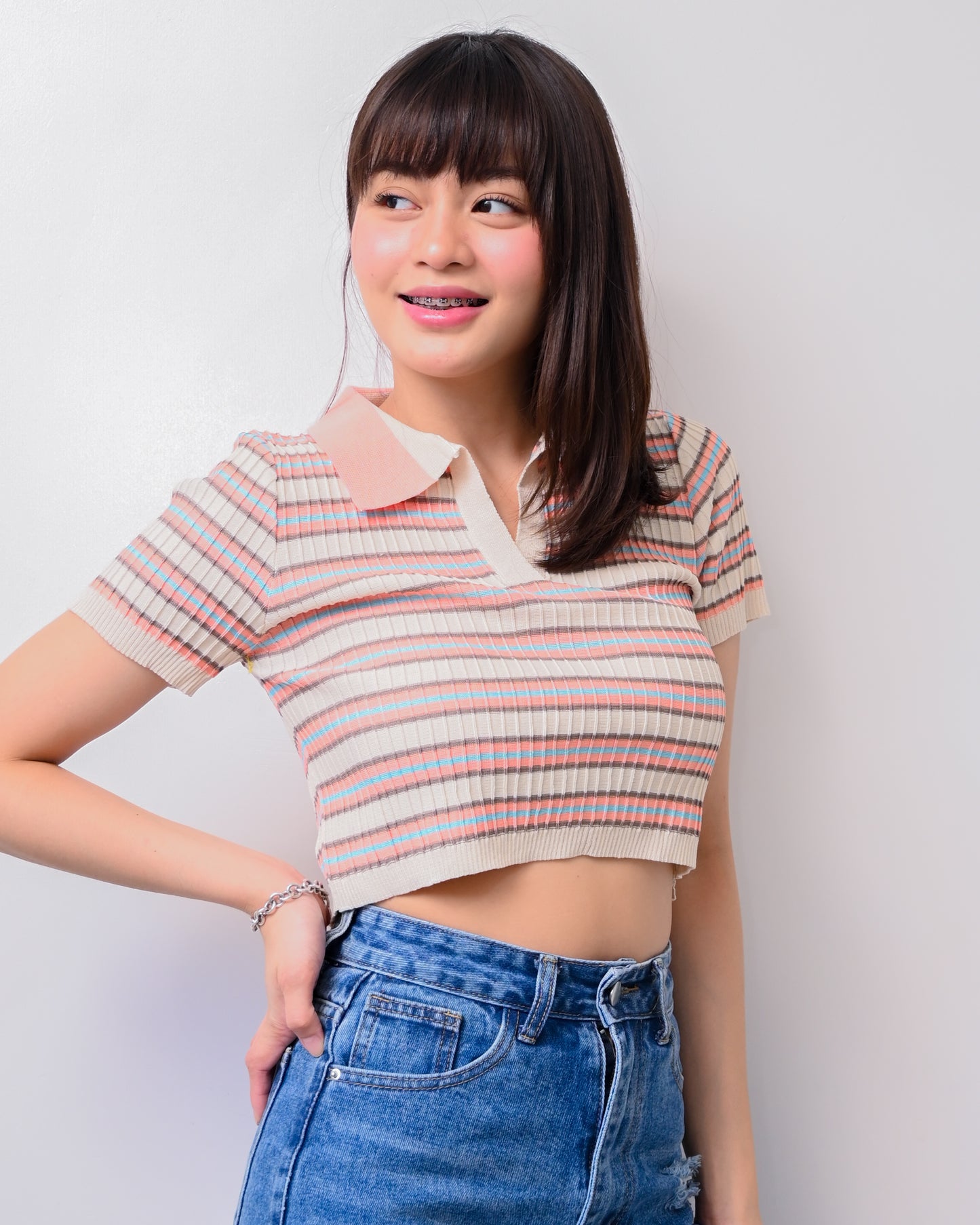 Natalie Knit Striped Collared Crop Top
