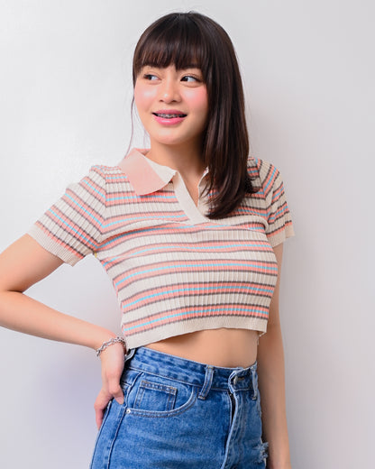 Natalie Knit Striped Collared Crop Top