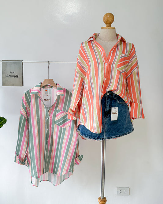 Pochi Striped Oversized Button-Up Shirt with Pocket Detail