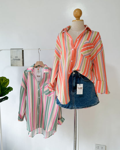 Pochi Striped Oversized Button-Up Shirt with Pocket Detail