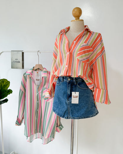 Pochi Striped Oversized Button-Up Shirt with Pocket Detail